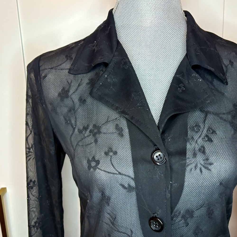 Vintage Sheer Black Floral Mesh Sparkle Duster Top with Bell Sleeves | XS/S - Picture 4 of 11